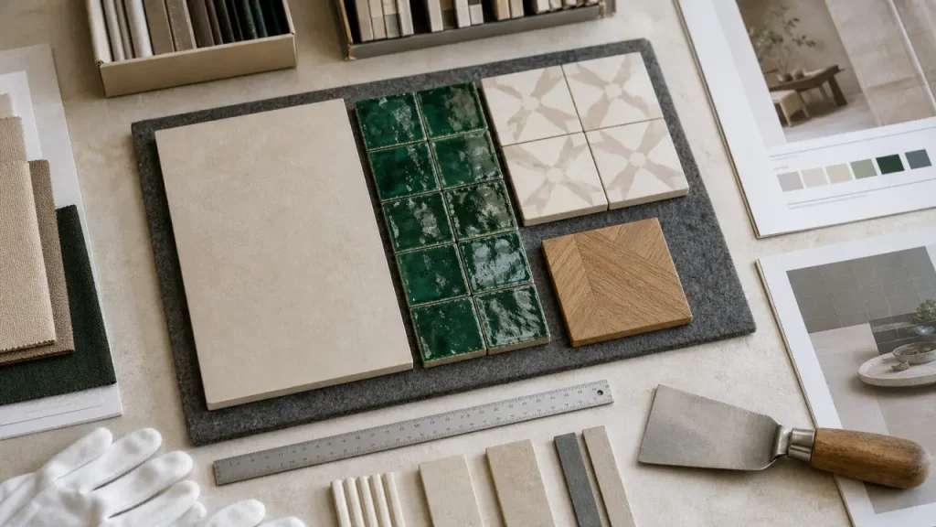 Bernard matériaux Lyon : échantillons carrelage et parquet en showroom