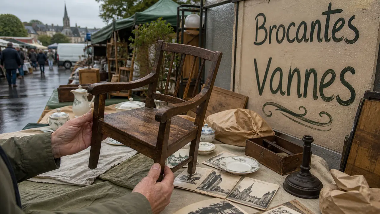 Brocante Vannes : fauteuil ancien et vaisselle sur stand