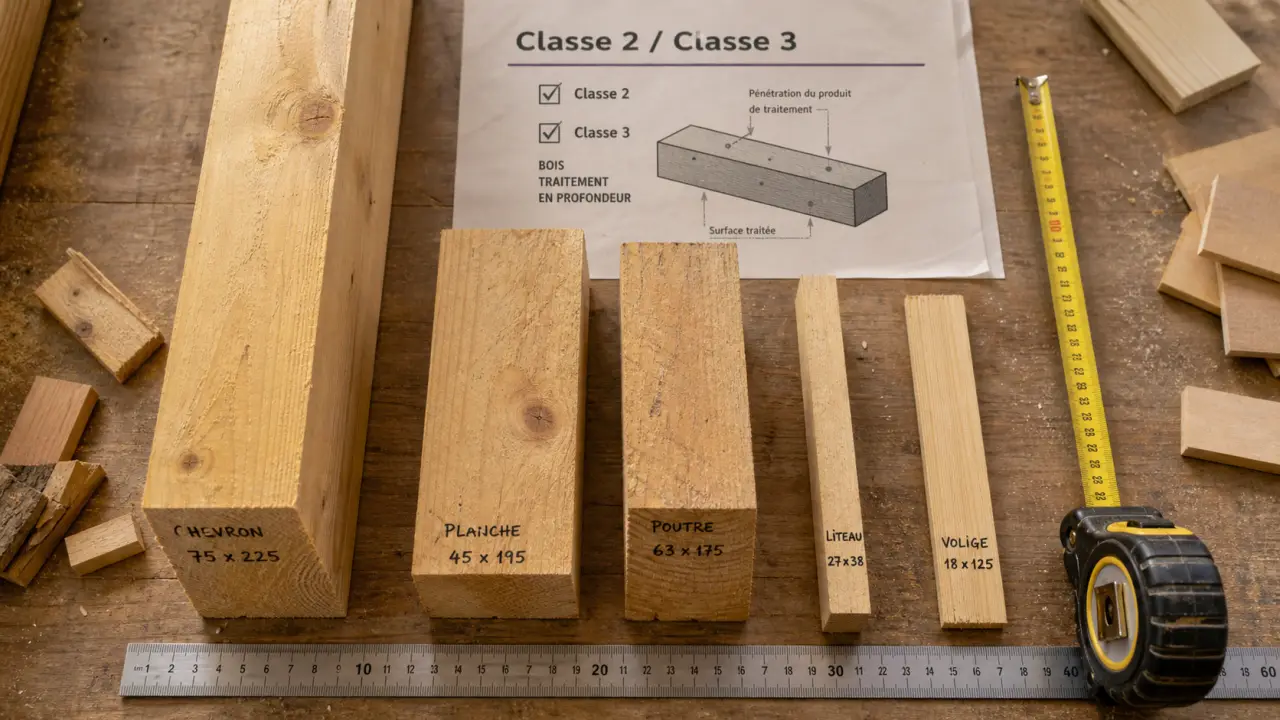 Castorama bois de charpente : chevrons, bastaings et liteaux sur établi