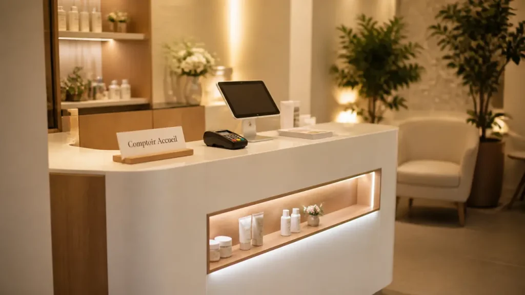Comptoir d accueil institut de beauté, façade blanche et détails premium