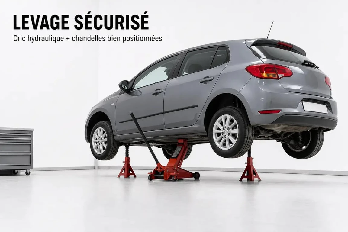 Outillage pour mécanicien en situation de levage sécurisé d’une voiture avec cric hydraulique et chandelles