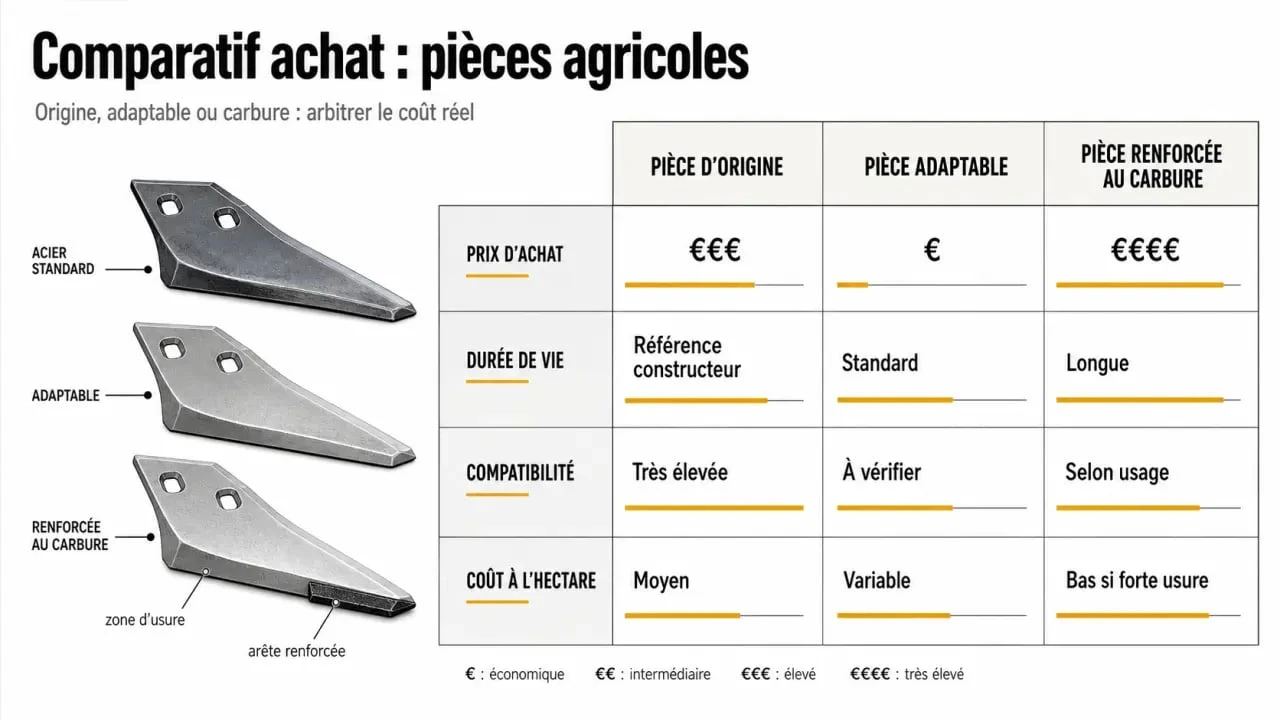 Comparatif achat pieces agricoles entre pièce d’origine, adaptable et carbure avec coût à l’hectare