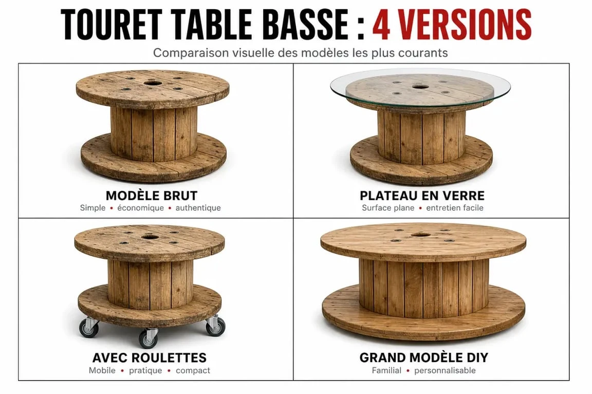 Comparaison des versions de touret table basse brut, verre, roulettes et DIY