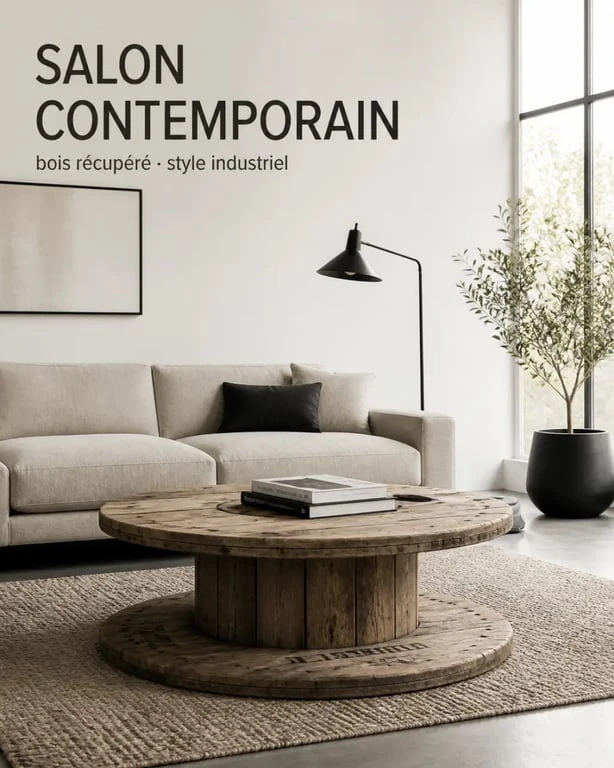 Touret table basse en bois de récupération dans un salon contemporain