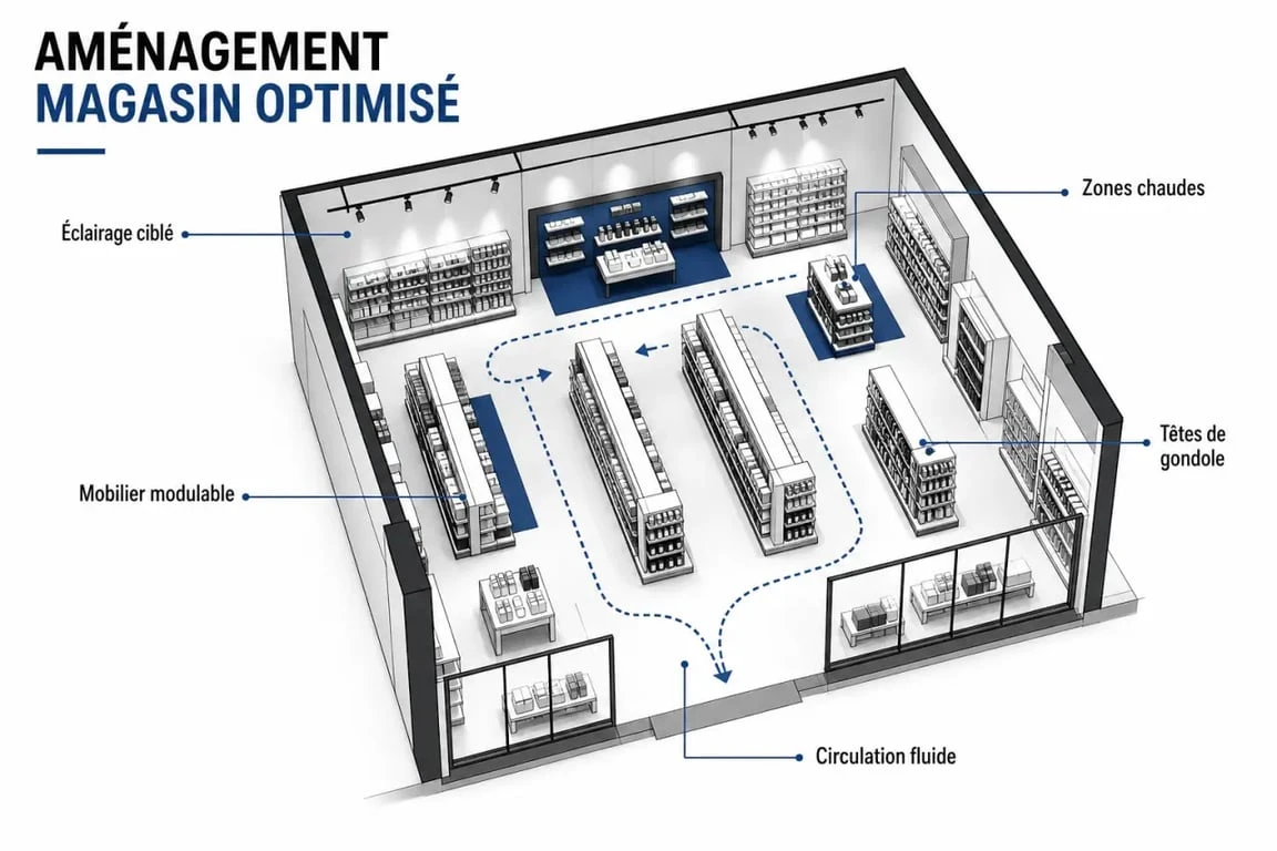 Aménagement magasin optimisé avec circulation client fluide et mobilier modulable