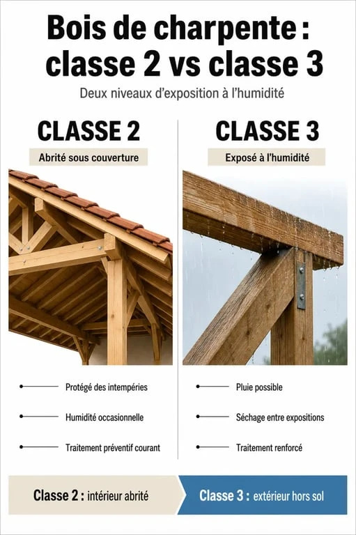 Schéma castorama bois de charpente expliquant les classes 2 et 3 et le traitement du bois