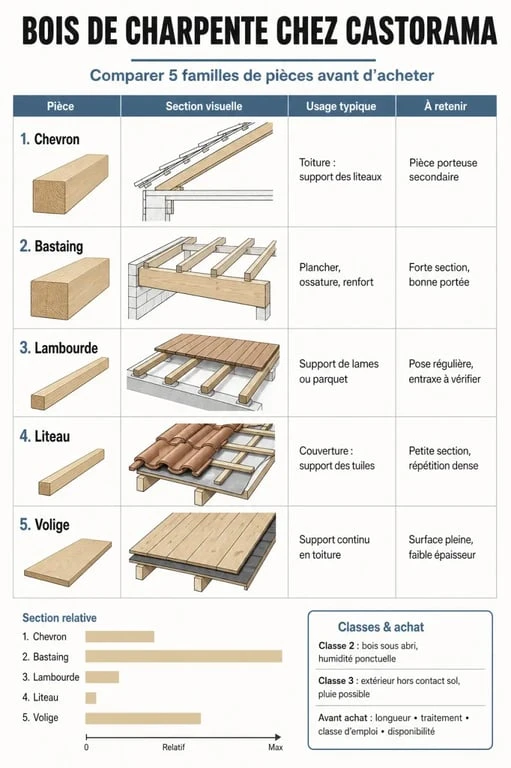 Infographie castorama bois de charpente comparant chevron, bastaing, lambourde, liteau et volige