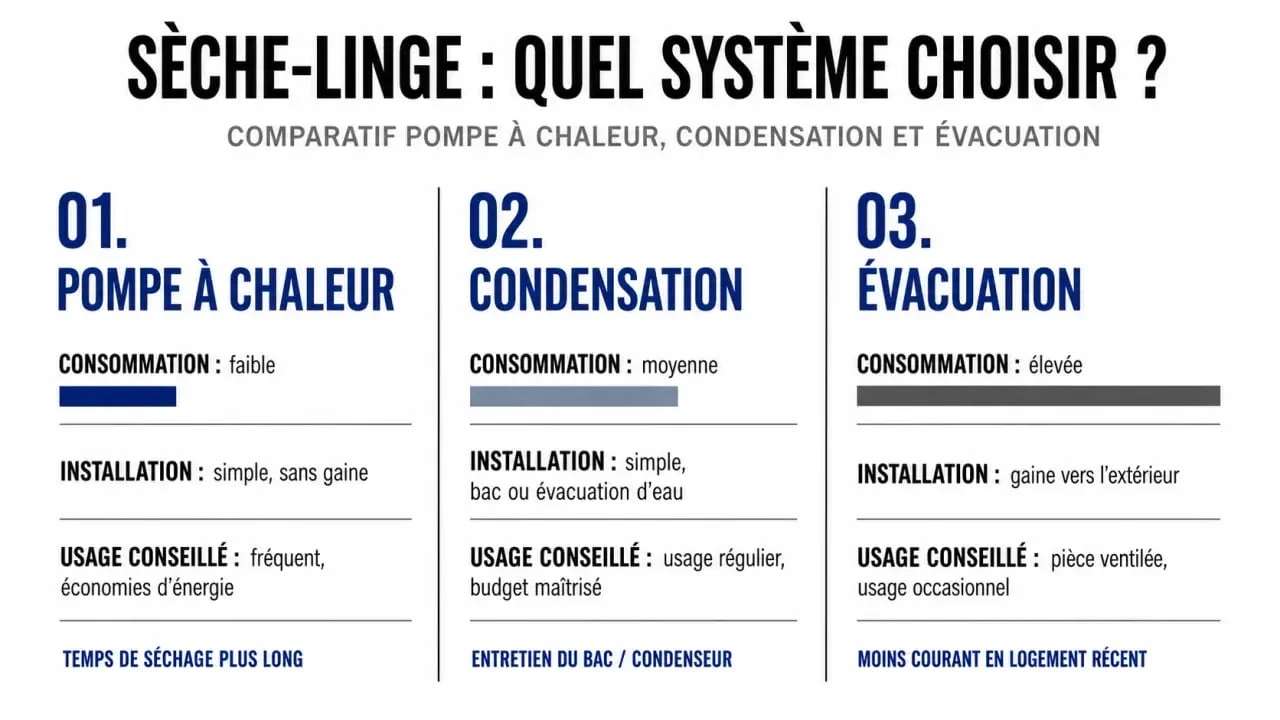 Sèche linge Black Friday : comparaison visuelle entre pompe à chaleur, condensation et évacuation