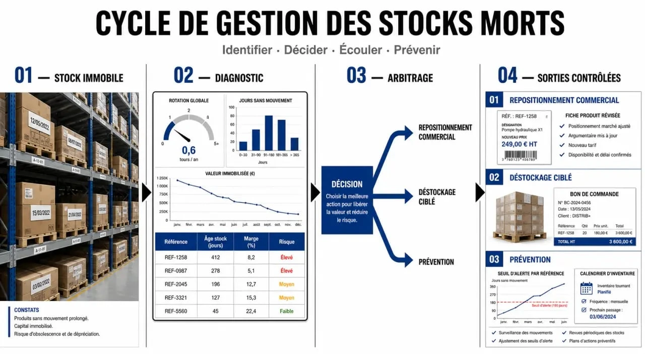 Schéma de gestion des stocks morts en 4 étapes dans un entrepôt