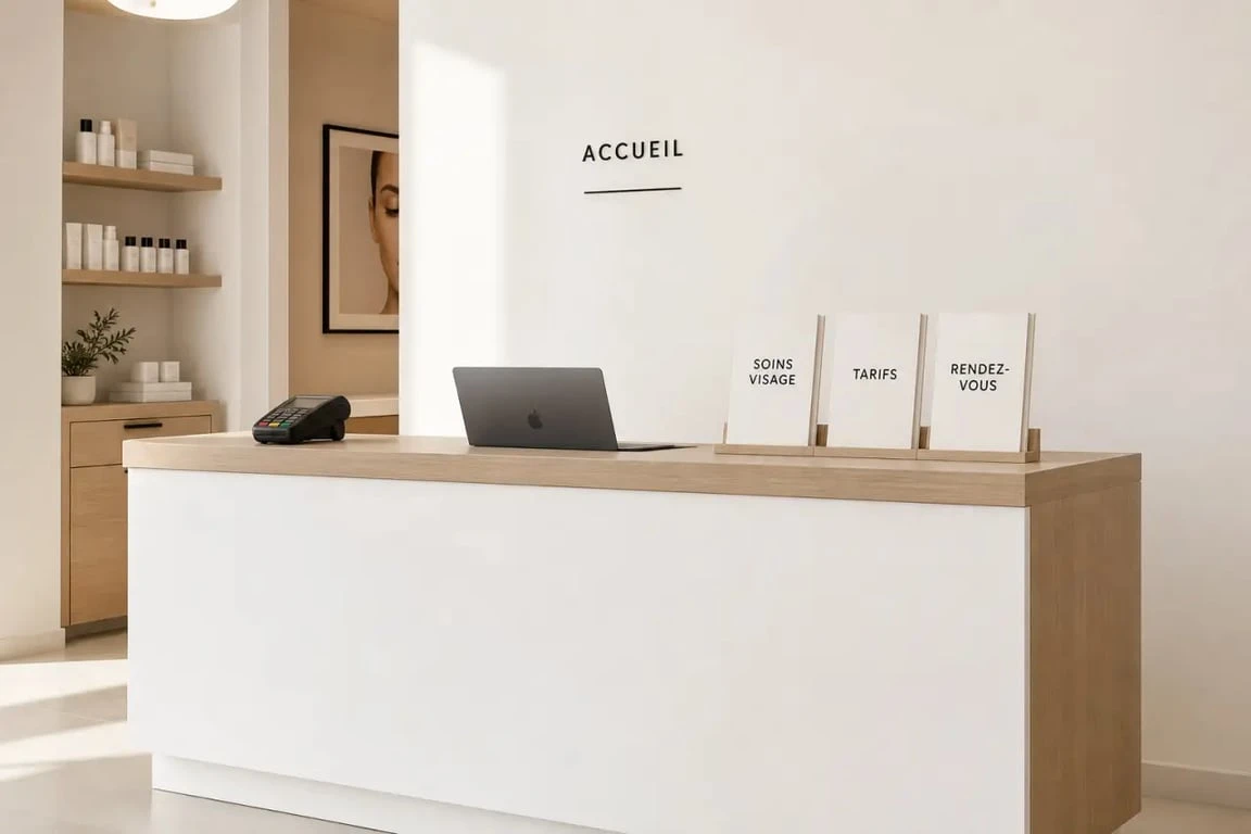 Comptoir d accueil institut de beauté dans un espace de réception élégant et professionnel