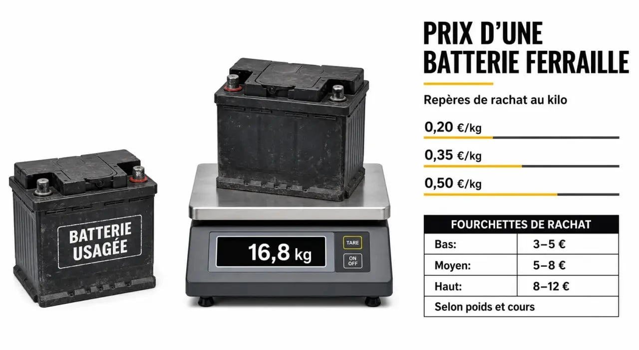 Prix batterie ferraille : infographie éditoriale montrant la valeur au kilo et des repères de rachat