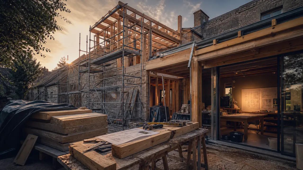 Espace charpente avis : chantier de surélévation avec charpente bois et échafaudage