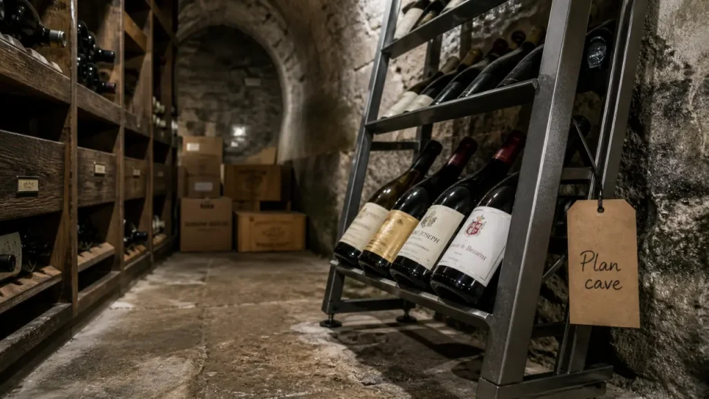 Mobilier cave à vin : rack métal dans cave en pierre