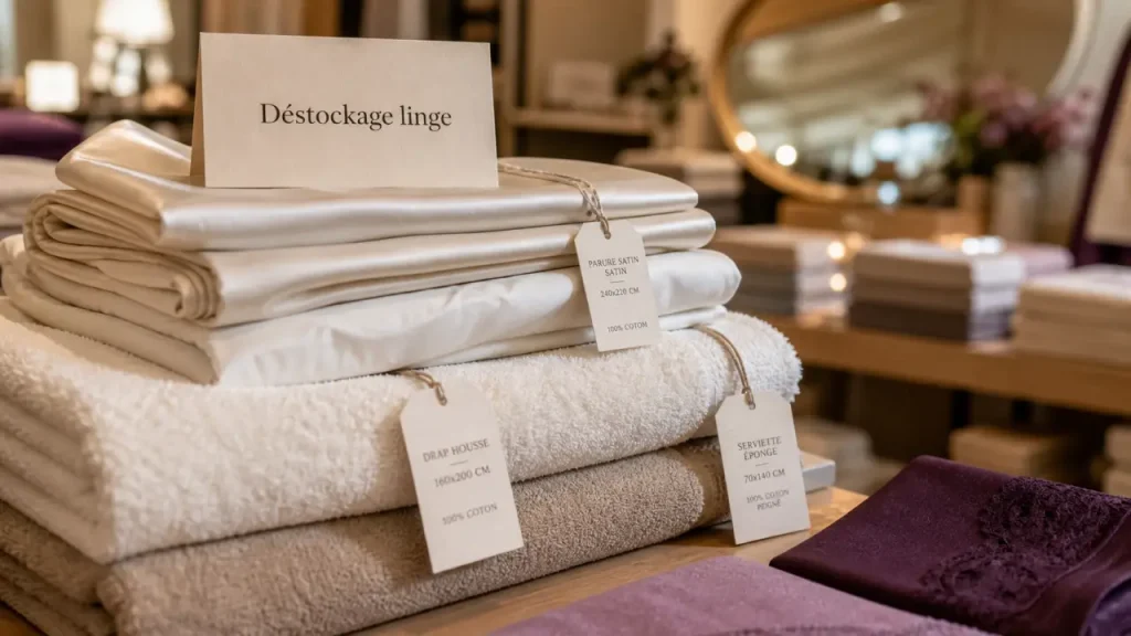 Déstockage linge de maison de luxe : linge premium en boutique chic