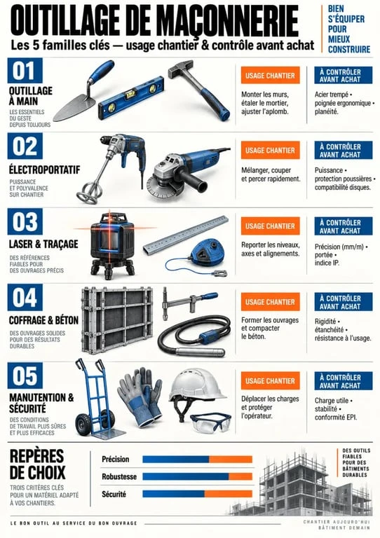 Infographie des familles d’outillage de maçonnerie professionnel et de leurs usages sur chantier
