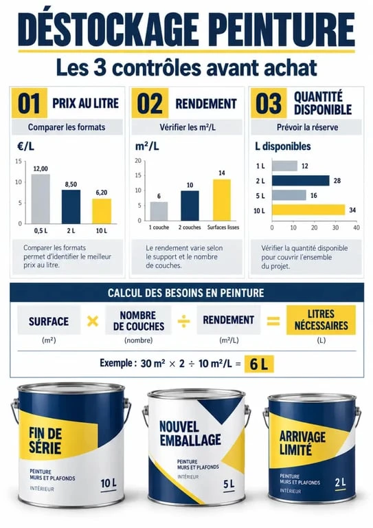 Infographie destock peinture : vérifier le prix au litre, le rendement et le volume nécessaire