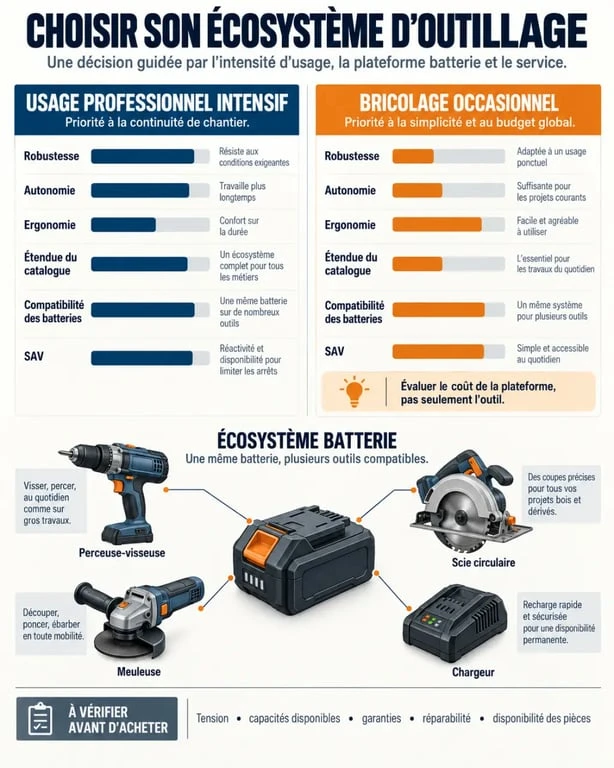 Infographie comparative pour choisir une marque d’outillage électroportatif selon l’usage, les batteries et le SAV