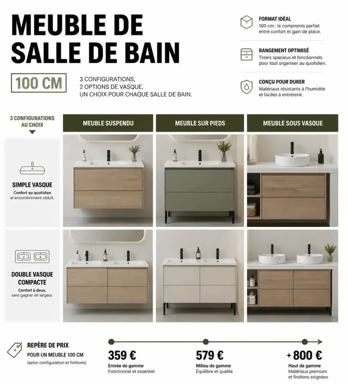 Infographie comparative sur les configurations et prix d’un meuble salle de bain 100 cm