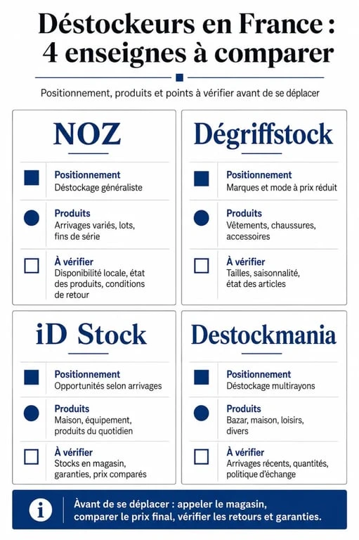 Magasins destockeurs : comparaison des enseignes NOZ, Dégriffstock, iD Stock et Destockmania