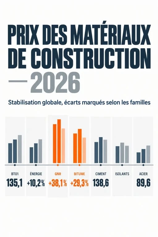 Infographie sur l’évolution prix matériaux construction 2026 et les écarts entre énergie, bitume, ciment, isolants et acier