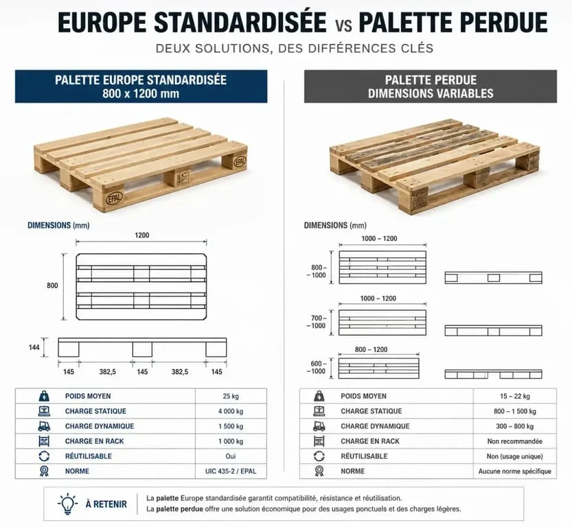 Comparaison technique entre palette Europe et palette perdue pour l'achat par lot