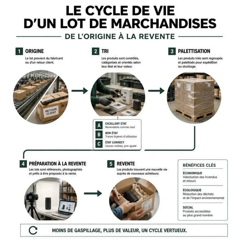 Infographie du cycle de vie d'un achat par lot pour professionnels