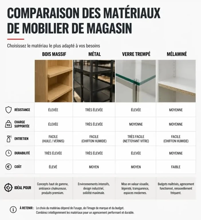 Tableau comparatif des matériaux pour mobilier de magasin : bois, métal, verre et mélaminé