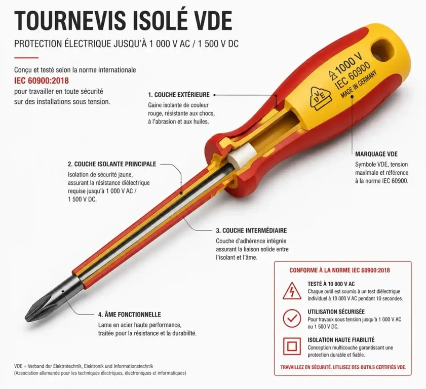 Anatomie d'un tournevis isolé pour outillage électricien conforme norme VDE