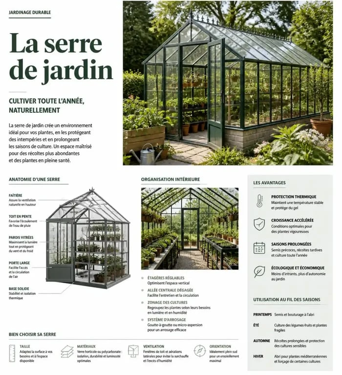 Serre de jardin bien installée dans un potager pour illustrer l'achat d'une serre en déstockage.