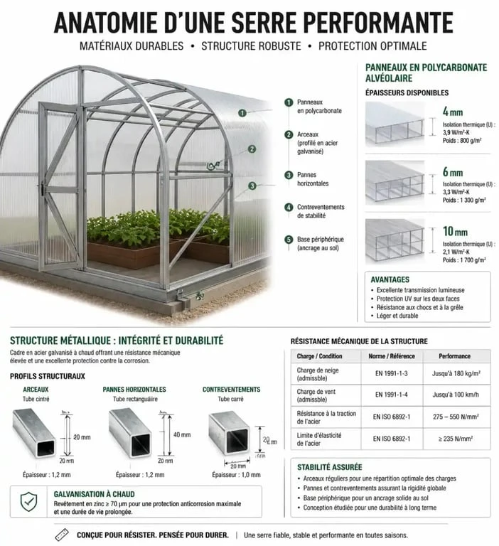 Schéma technique d'une serre de jardin en déstockage montrant l'épaisseur du polycarbonate et la structure en aluminium.