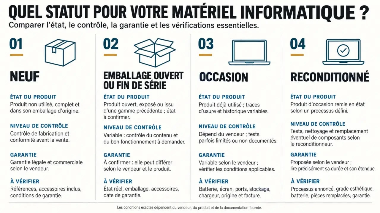Infographie informatique destockage : différences entre neuf, occasion, reconditionné et fin de série