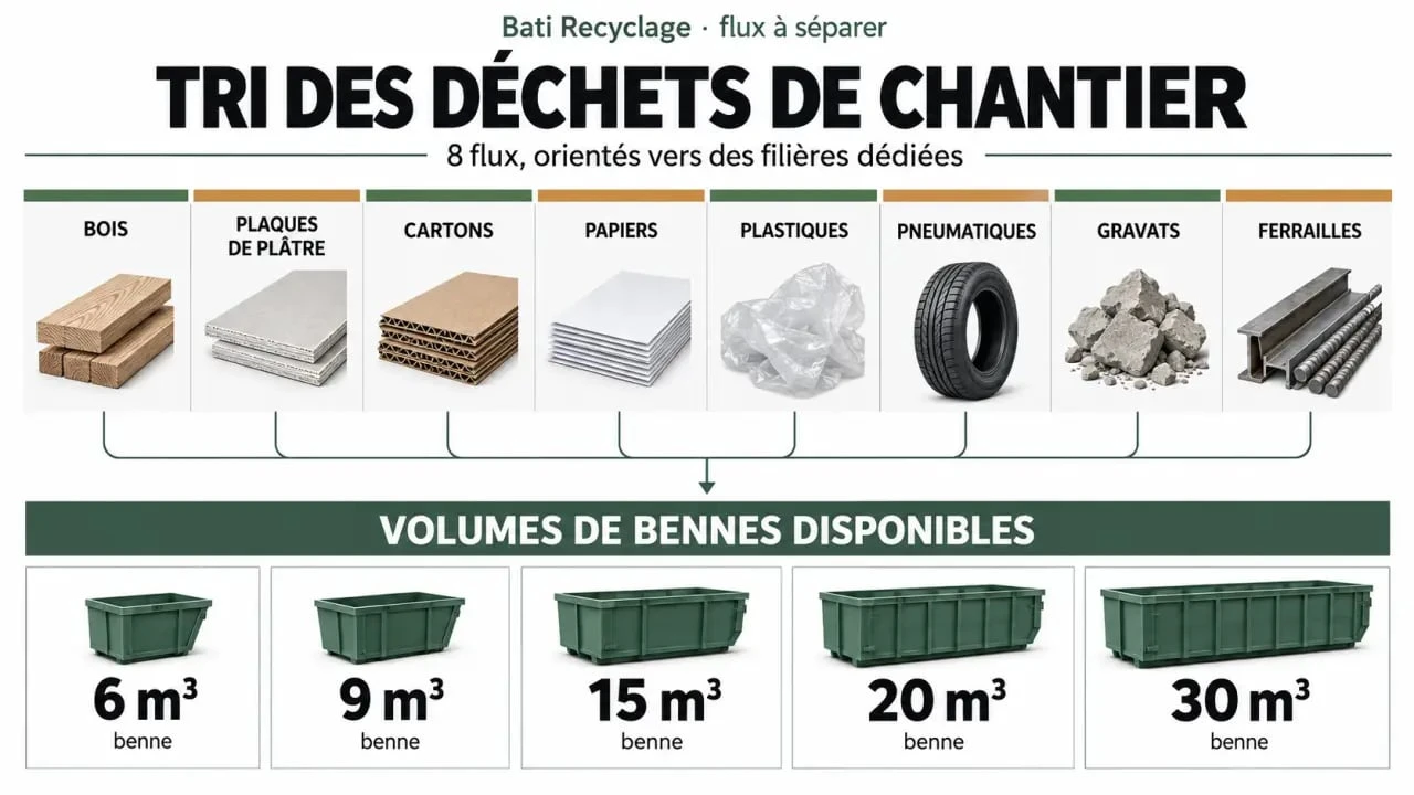 Bati Recyclage : tri des déchets de chantier et volumes de bennes de 6 à 30 m³