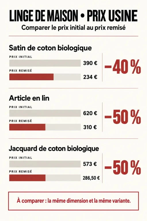 Infographie sur le linge de maison prix usine et la comparaison des remises