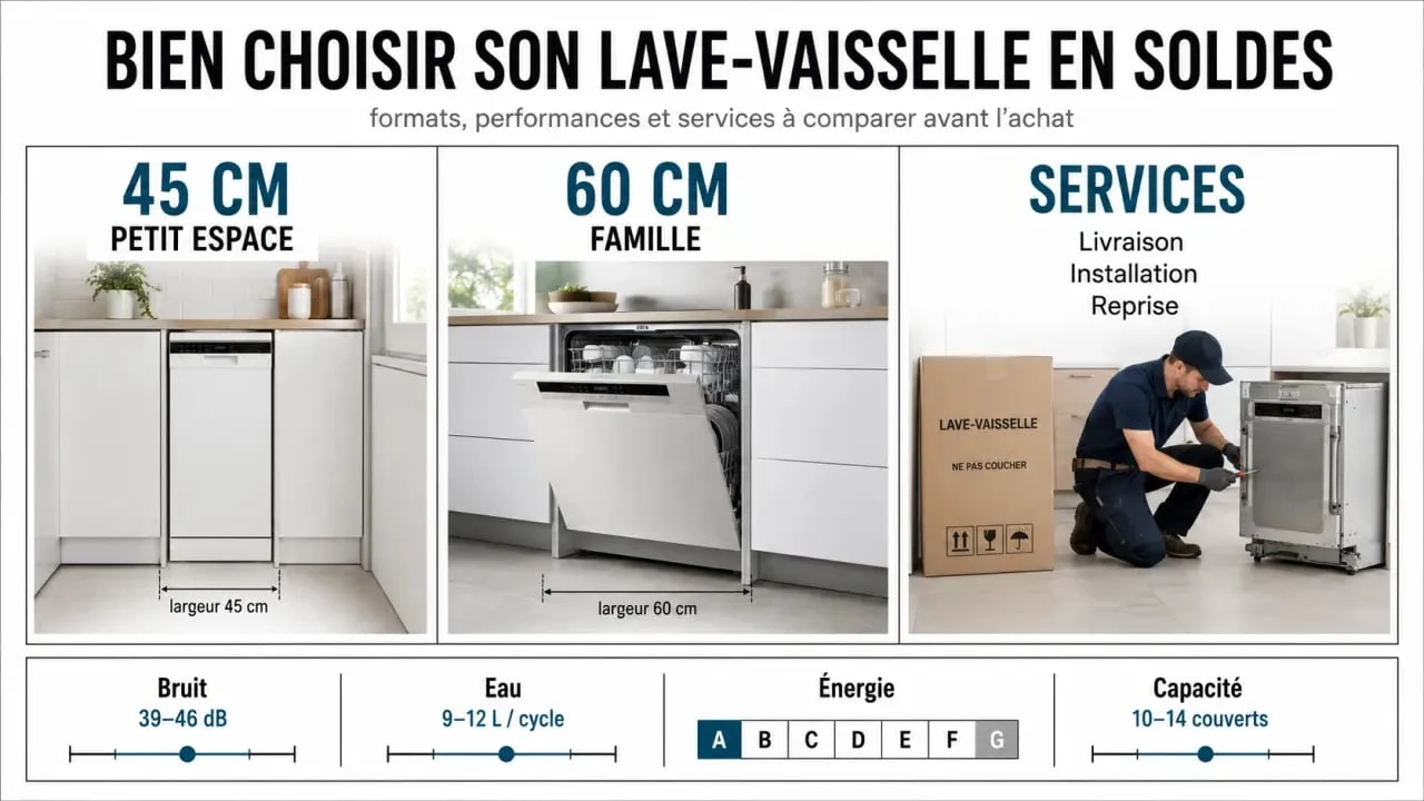 Infographie lave vaisselle soldes : formats, bruit, consommation et services à comparer avant d'acheter