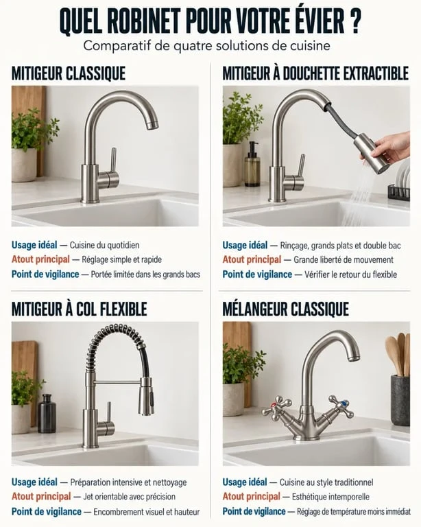 Infographie comparative des types de mitigeurs éviers classiques, à douchette extractible, à col flexible et mélangeurs