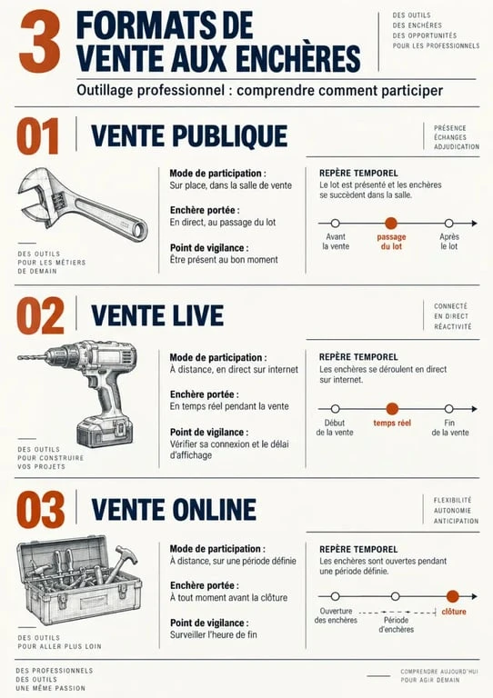 Infographie des formats de vente aux enchères d’outillage professionnel