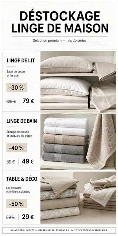 Déstockage linge de maison de luxe : visuel éditorial des matières, des usages et des remises