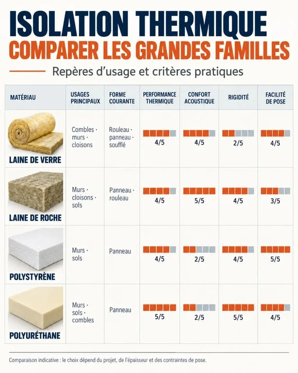 Infographie sur l'isolation thermique Brico Dépôt comparant laine de verre, laine de roche, polystyrène et polyuréthane
