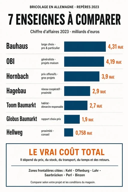Infographie comparative des magasins de bricolage en Allemagne et des zones frontalières françaises