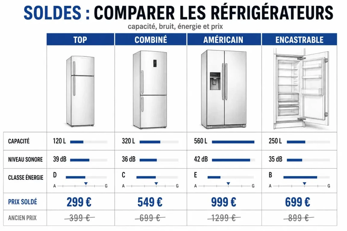 Soldes frigo : tableau visuel des types de réfrigérateurs et des critères à comparer