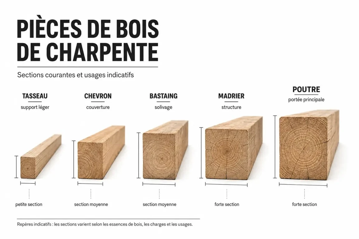 Bois de charpente Brico Dépôt : comparaison visuelle des chevrons, bastaings, madriers, liteaux et voliges