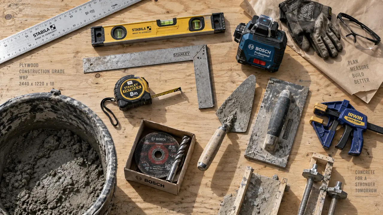 Outillage maçonnerie professionnel : niveau, règle, truelle et laser sur table chantier