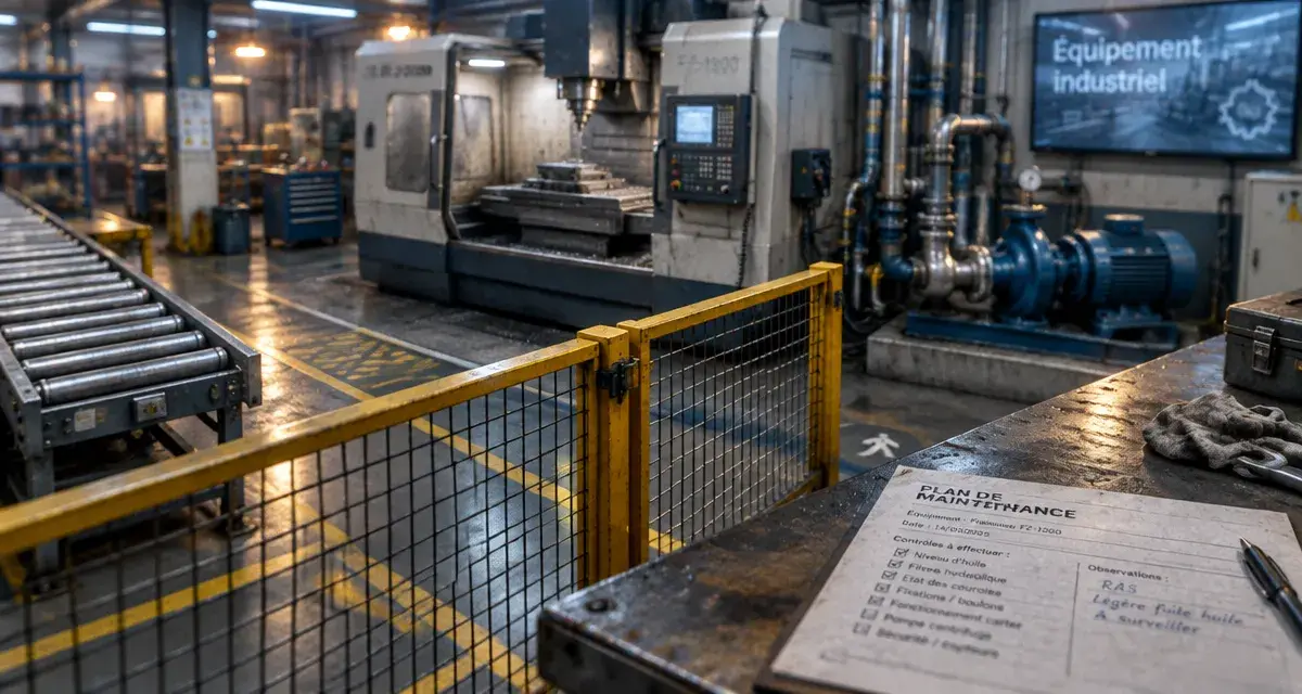 equipement industrie : barrière de sécurité et convoyeur en atelier industriel