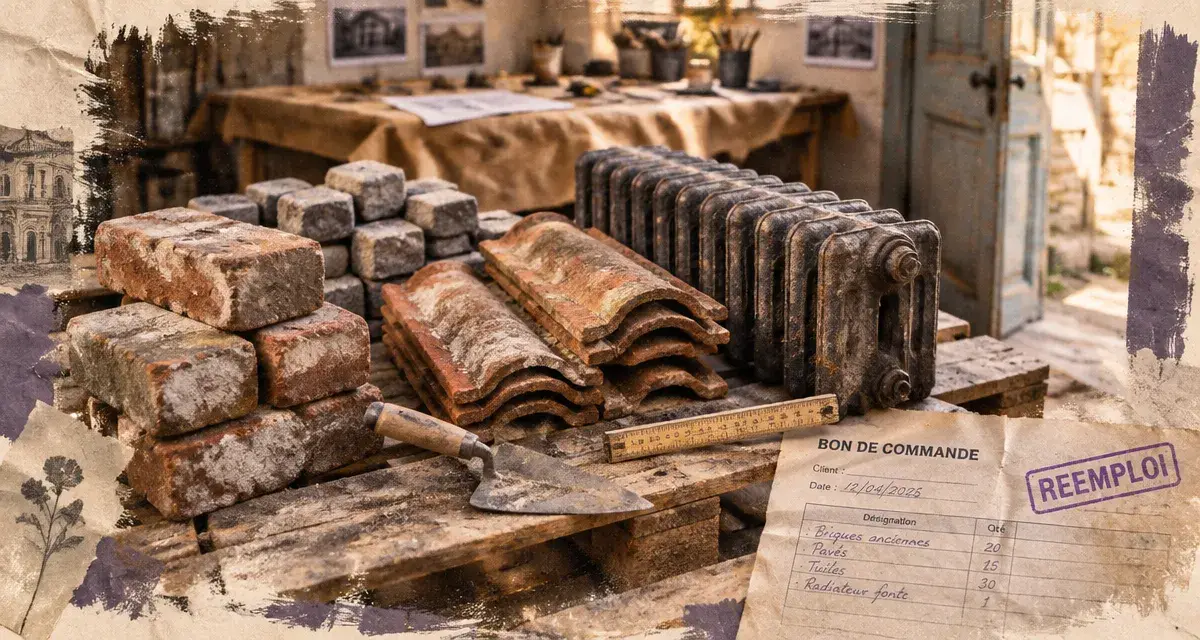 Matériaux de construction de récupération : tri de briques, pavés et tuiles avec truelle